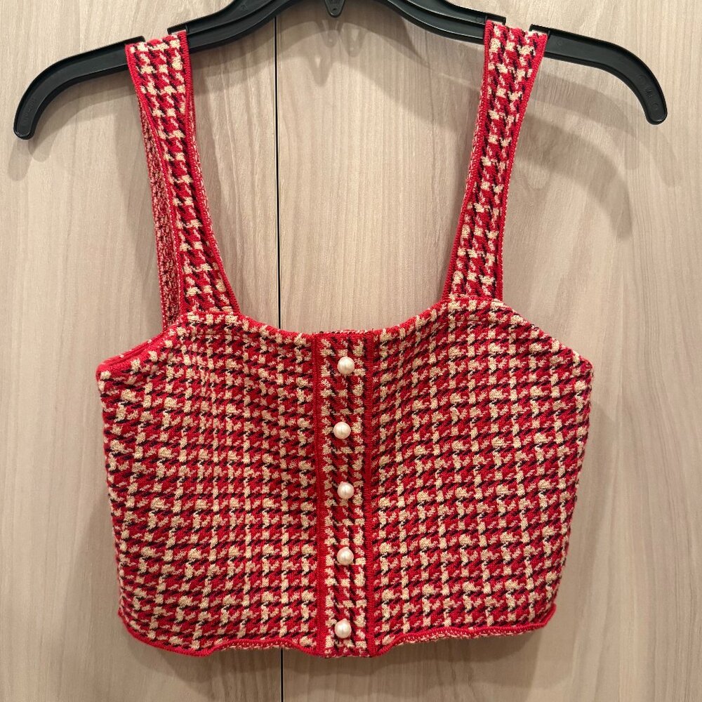 Sandro red and white tweed crop top with pearls, Size: 0 - Picture 2 of 4